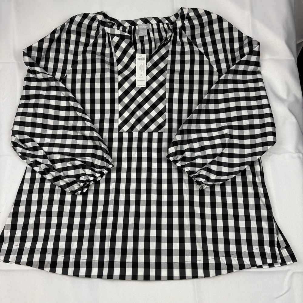 Chico's Gingham‎ Poplin Tunic Top for Women 4 – Drama Sleeve, Lightweight Cotton